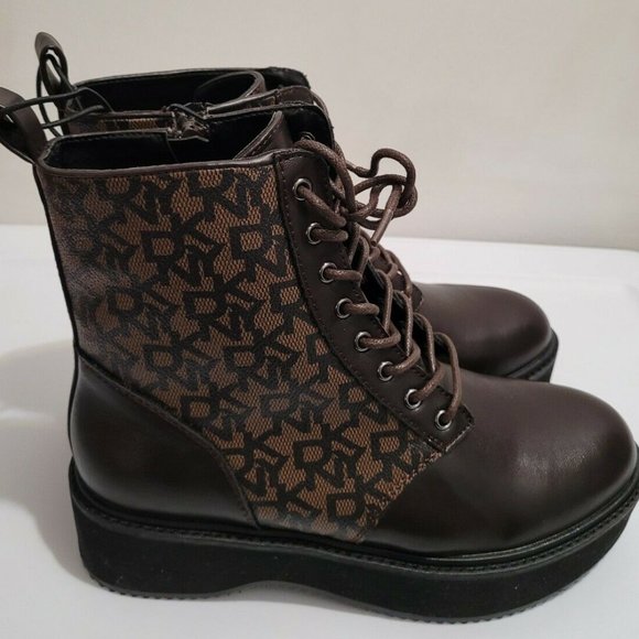 DKNY Roselyn Ankle Lace Up Signature Block Combat Faux Leather Boots. - Picture 1 of 6